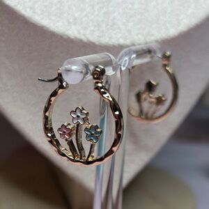 Hypoallergenic Small Floral Hoop Gold tone Earrings